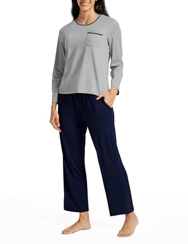 MoFiz Women's Pajama sets Long Sleeve Sleepwear Soft Christmas Pajamas 2 Piece Loungewear Warm Pjs Sets for Winter Holiday S Navy Blue Pants & Light Gray Top