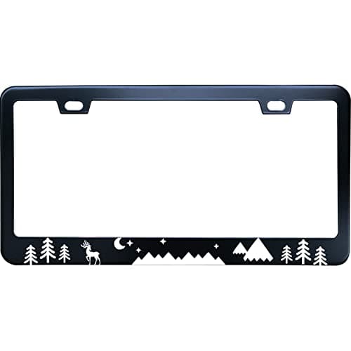 Black Mountains Forest Camping Stainless Steel License Plate Frame for Men/Women with 2 Screw Caps for US/CA Vehicles