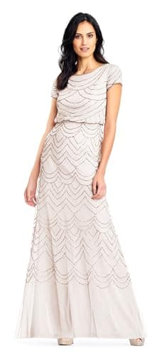 Adrianna Papell Women's Short Sleeve Blouson Beaded Gown, Blush/Gold, 12