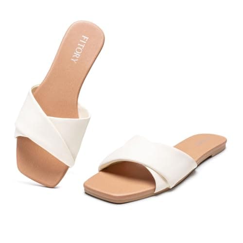 FITORY Women's Flat Sandals, Square Fashion Slides with Cross-Strap, Soft Leather Slippers for Summer White Size 6