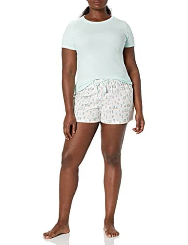 Amazon Essentials Women's Poplin Short and Sleep Tee Pajama Set, Mint Green White Cactus, Large