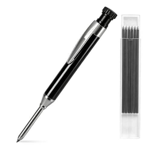 YEVEETTE 2.8mm Carpenter Pencils with 7 Refills, Built-in Sharpener Long Nib Deep Hole Construction Pencil, Metal Drafting Pencil Set for Carpenter Scriber Woodworking Architect (Black)