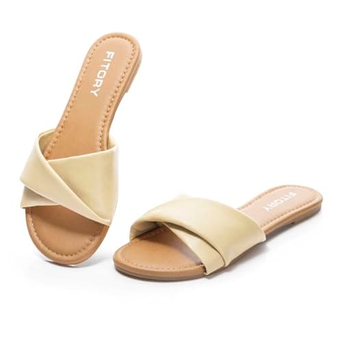 FITORY Women's Flat Sandals Slides with Soft Leather Slippers for Summer Size 6