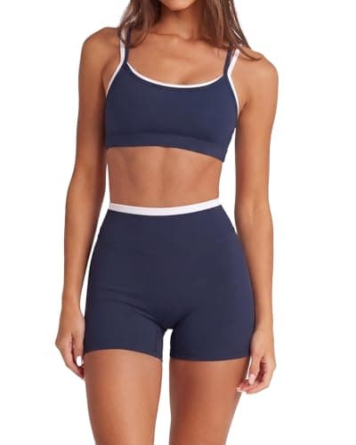SUUKSESS Women Two Piece Workout Sets Double Layered Sports Bra Gym Biker Shorts Matching Sets (Navy Blue, M)