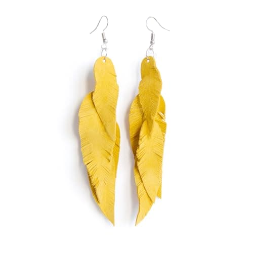Yellow Suede Leather Feather Earrings for Women, Lightweight Statement Jewelry, Long Layered Dangle Earrings with Chain, Handmade Boho Summer Gift for Her