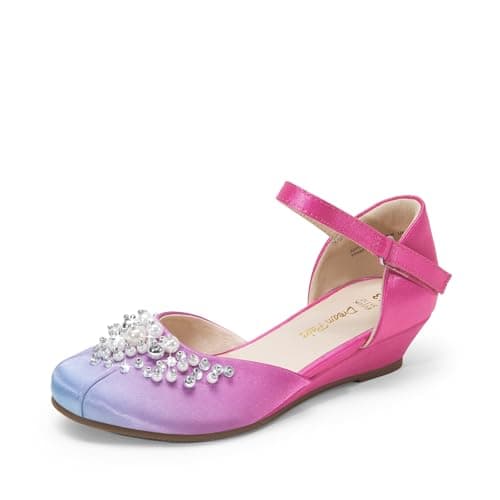 DREAM PAIRS Girls Dress Shoes, Glittering Low Wedge Heels with Pearls Rhinestones, Soft Cushioning, Hook-and-Loop Straps, Non-Slip Outsole, Party Formal Wear, Size 10 Toddler,Blue/Hot Pink,SDFL2414K