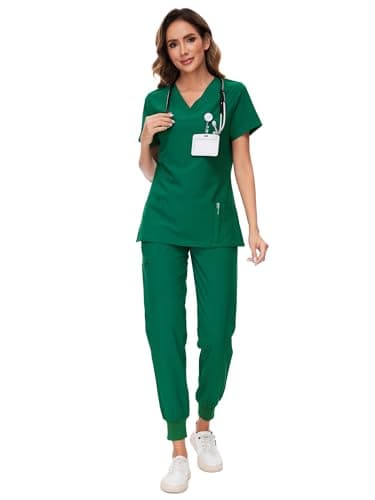 Scrubs for Women Set - Stretch V-Neck Top & Jogger Pant, Hunter Green, 5XL