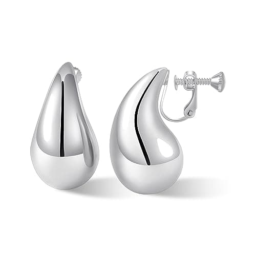 NVWAROCK Silver Screw Drop Clip On Earrings Dupes Teardrop Chunky Non Pierced Earring 14K Real White Gold Plated Hypoallergenic Lightweight Earrings for Women
