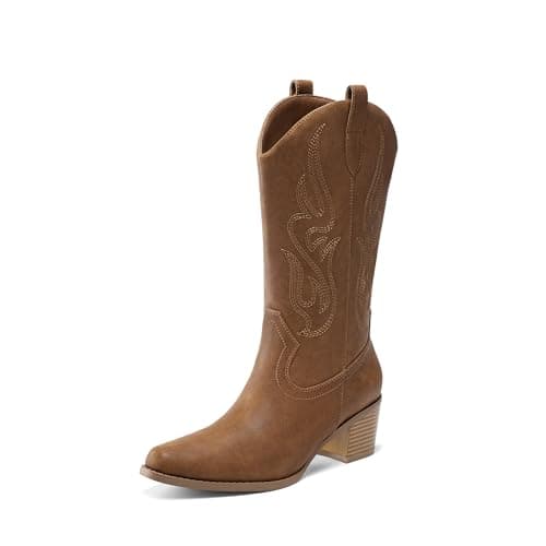 DREAM PAIRS Women's Square Toe Cowboy Cowgirl Boots Embroidered Mid Calf Western Boots Fashion Dress Low Chunky Heel Boots for Theme Party Country Concert,Size 6.5,Tan,DWUMMB2502