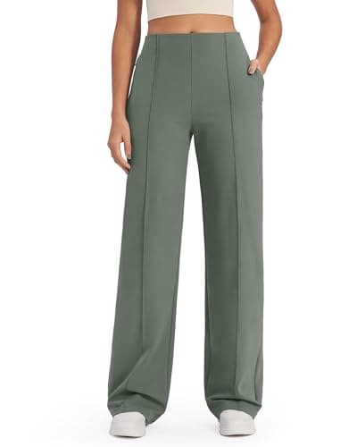 G4Free Wide Leg Pants Dressy Casual Stretchy High Waist Yoga Pants with Pockets Women Comfy Casual Sweatpants (Gray Sage,L,Petite)
