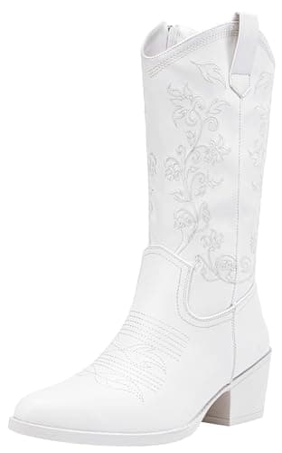 Vepose Women's White Mid Calf Cowboy Embroided Boots Size 11, 9803