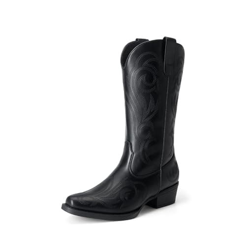 DREAM PAIRS Women's Cowboy Boots Mid Calf Cowgirl Boots Square Toe Chunky Heel Embroidery Stitched Western Boots,Size 6,All Black,SDMB2403W
