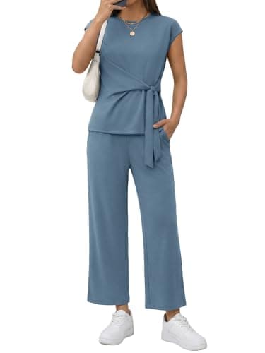 Casly Lamiit Lounge Sets for Women Summer Travel Cruise Outfits Crew Neck Belted Crop Top Casual Tracksuit 2026 Blue Grey S