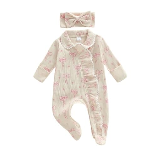 allshope Newborn Baby Girl Fall Outfit Romper Footies Waffle Bow Zip Up Footed Jumpsuit Ruffle Trim Infant Clothes (Color Khaki, 3-6 Months)