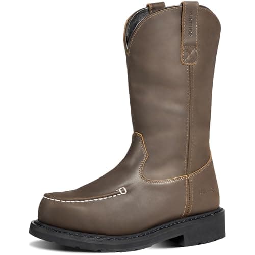 Hunthor Steel Toe Work Boots - Puncture Proof with Steel Shank, GoodyearWelt, Full-Grain Leather, Oil & Slip Resistant, Pull-On Moc Design - Ideal for Construction and Farming (Dark Brown, Sizes 13)