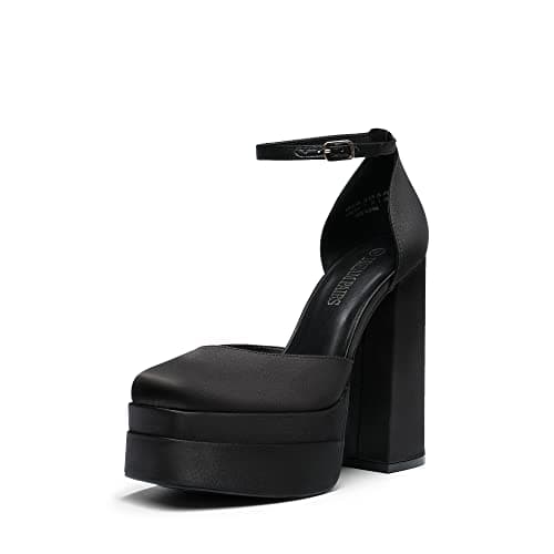 DREAM PAIRS Women’s High Chunky Platform Closed Toe Block Heels Square Toe Ankle Strap Dress Wedding Party Pumps Shoes Aurelia,Size 5,Black-Satin,SDPU2319W