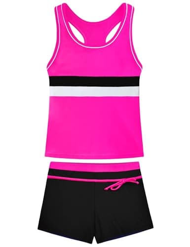 Nokecina Girls Swimsuits Size 8-9 Years Old Rose 2 Pieces Racerback Tankini Bathing Suit with Shorts