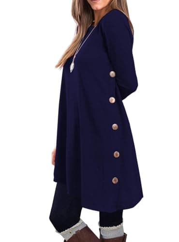 KORSIS Dresses for Women Navy Blue XX-Large Long Sleeve Round Neck Casual Button Side T Shirts Loose Fitting Sweater Fall Winter Tunic Dress