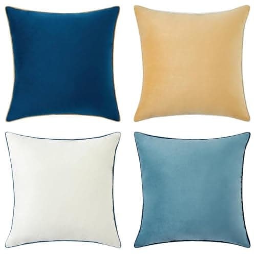 MONDAY MOOSE Decorative Throw Pillow Covers Cushion Cases, Set of 4 Soft Velvet Modern Double-Sided Designs, Mix and Match for Home Decor, Pillow Inserts Not Included (16x16 inch, Blue/Beige)