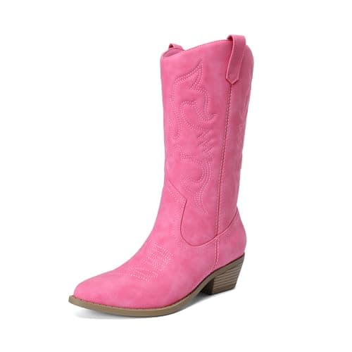 DREAM PAIRS Women's Cowboy Boots Pull On Cowgirl Boots Mid Calf Western Boots, Available in Regular and Wide Calf,Size 6,Hot Pink,SDMB2218W