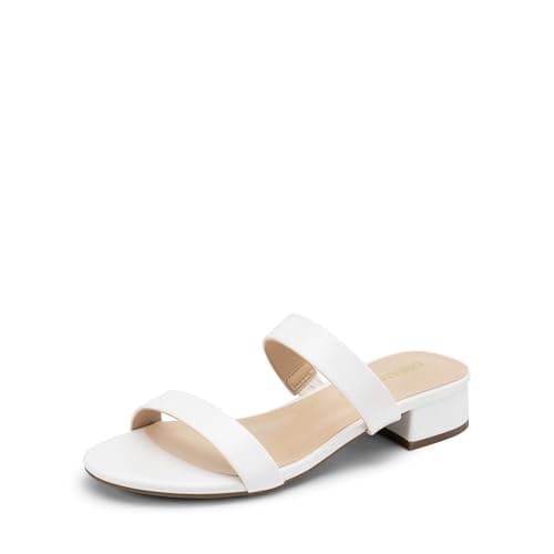DREAM PAIRS Women's Slides Heels Slip On Low Block Sandals Two Strap Open Round Toe Chunky Casual Summer Mules Shoes,Size 6.5,White,DWUMSS2511
