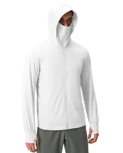 Locachy Men's UPF 50+ Sun Protection Jacket Hooded Lightweight Full Zip Long Sleeve Cooling Hiking Fishing Performance Shirts White S