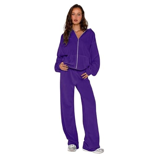 Womens 2 Piece Solid Velour Tracksuits Two Piece Velvet Lounge Outfits for Women, Long Sleeve Hoodie Tops Sweatsuits Casual Zip-Up Jacket Workout Pants Matching Set with Pockets, Sports Jogging Sets