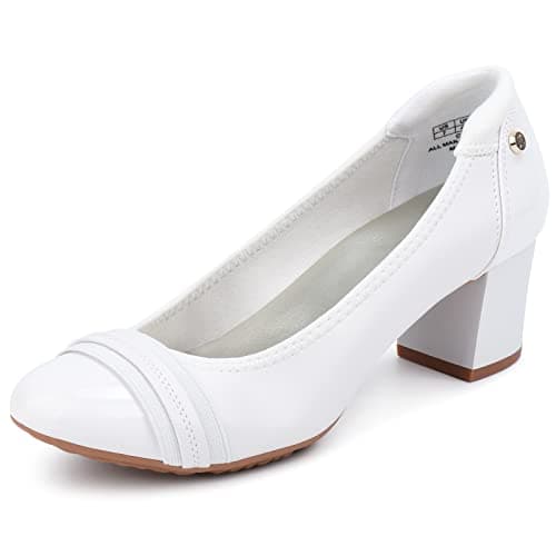 JENN ARDOR Chunky Block Pumps for Women Slip On Low Heel Closed Round Toe Dress Shoes Classic Mid Square Shoes Wedding Party Office Lady Shoes 2 inch White