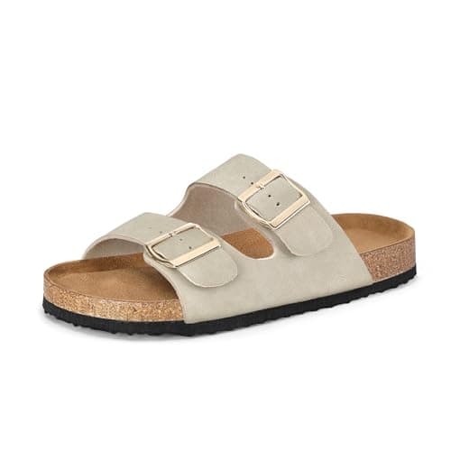 mysoft Womens Flat Sandals Cork Footbed Slides 2 Straps Adjustable Buckle Slip On Summer with +Comfort Shoes