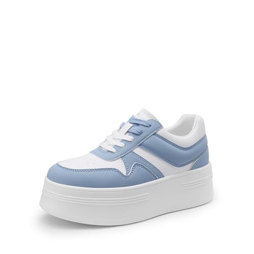DREAM PAIRS Women Platform High Heel Fashion Sneakers Walking Lace Up Lightweight Stylish Classic Casual Sneaker.,Size 7,White/Blue,DWUMFN2525