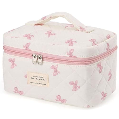 MZLUWM Large Travel Quilted Makeup Bag，Cute Bow Cotton cosmetic bag, Fashionable aesthetic makeup bag,Coquette Aesthetic Floral Travel Toiletry Bag for Women and Girls