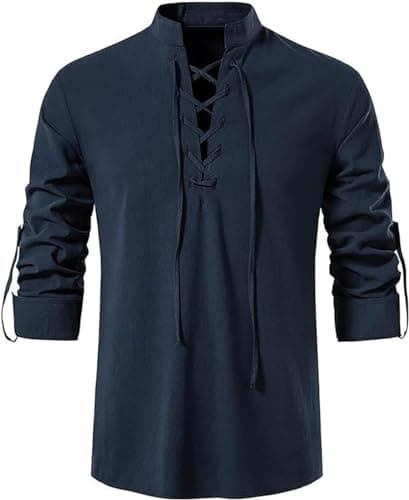 AIFARLD Men's Long Sleeve Shirts Retro Style Lace up for Medieval Viking Hippie Halloween Cosplay Pirate Renaissance Costume Navy
