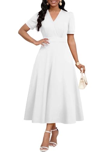 MarryUP Women's Midi Dress Short Sleeve Casual Dress Cocktail Wedding Guest Party Dress for Women 2026 Fashion White 3XL
