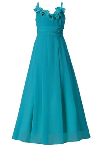 Happy Rose Flower Girls Dresses Junior Bridesmaids Camisole Girls Elegant Ruffle Chiffon Ankle Length Peacock Blue 16