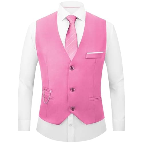 DOKKIA Men's Dress Vest Suit Waistcoat Formal Business Slim Fit V-neck Sleeveless Tuxedo Jacket with Chain Light Pink Medium