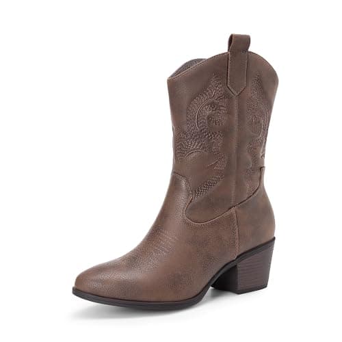 DREAM PAIRS Cowboy Boots for Women, Mid Calf Cowgirl Boots with Embroidery Round Toe Western Chunky Low Heel Shoes,Size 6.5,Brown,DWUMMB2505