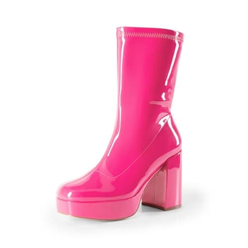 DREAM PAIRS Women's Mid Calf Gogo Boots Platform High Chunky Block Heel Square Toe Ankle Boots,Size 8.5,HOT PINK-PAT,SDMB2410W