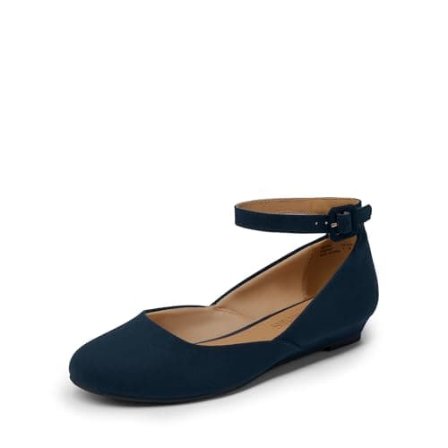 DREAM PAIRS Women's Dress Flats Ballet Low Wedge Round Toe Ankle Strap Comfortable Casual Flats Shoes,Size 5,Navy/Suede,REVONA