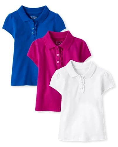 The Children's Place,Baby Girls,and Toddler Multipack Short Sleeve Ruffle Pique Polos,Renew Blue/White/Aurora Pink 3-Pack,3 Years