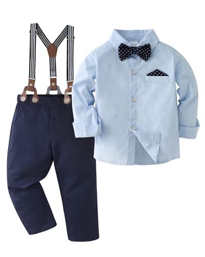 CARETOO Toddler Boy Easter Outfit 4t Valentines Day Ring Bearer Shirt Bowtie Suspender Pants Baby Dress Clothes Baptism Christmas Suit Set Boys Formal Church Ropa de Niño de 4 Años 3-4T Blue
