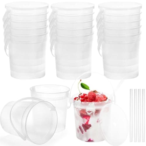 ToppYuanZea 20 Pack Plastic Rum Buckets for Drinks, 32OZ Cocktail Buckets with Lid and Straw, Reusable Smoothie Bucket, 1Liter Large Ice Cream Pails for Halloween Football Parties Bar