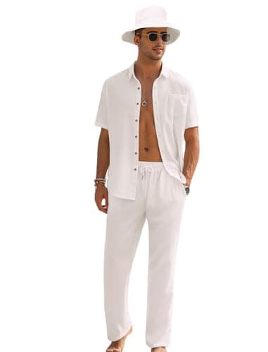 EISHOPEER Mens Cotton Linen Outfit Beach Long Sleeve Button Down Shirts and Loose Pants Vacation Casual Beach Sets White Small