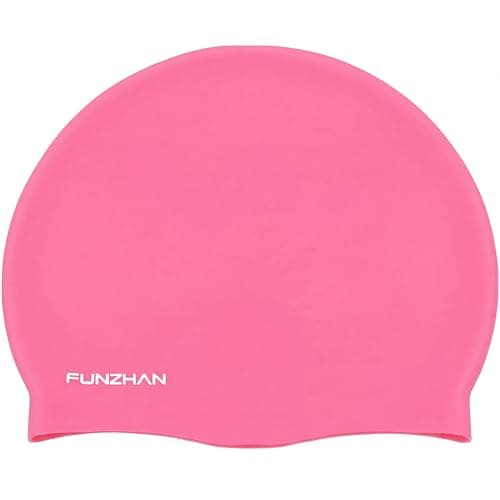 Funzhan Silicone Swim Cap, Large Pink, Unisex Waterproof Swimming Cap for Adults, Non-Slip High Elasticity Stretchy Bathing Caps for Long Hair & Short Hair, Comfortable Swimming Accessories