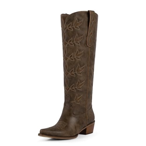 QIY Cowgirl Boots Women Embroidered Dark Brown Cowboy Boots for Women Nashville Pointed Toe Block Heel Knee High Western Cow Girl Boot Size 6.5