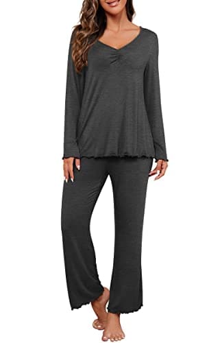PrinStory Womens Pajama Sets Long Pjs Soft Lounge Sets Dark Gray