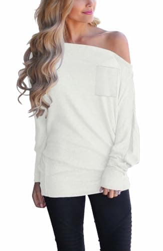 INFITTY Women's Off The Shoulder Tops Long Sleeve Asymmetrical Shirts Fashion Oversized Blouses Beige XL