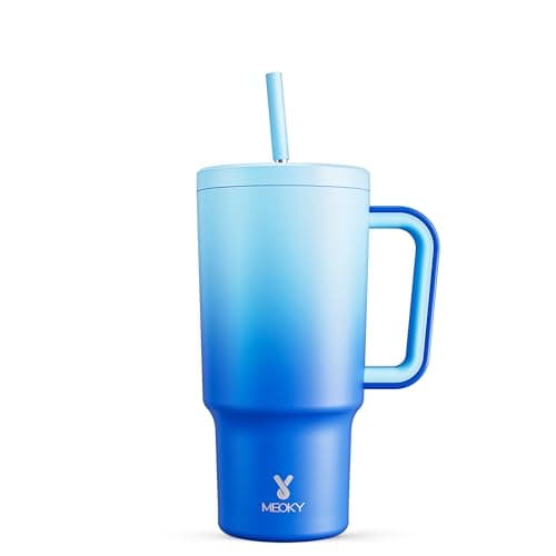 Meoky 30 oz Tumbler with Handle, Tumbler with Lid and Straw, Insulated Stainless Steel Travel Mug, 100% Leak-proof, Cupholder Friendly, Keeps Cold for 24 Hours or Hot for 8 Hours (Sky)