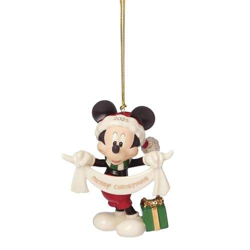 Lenox Ornaments, 2025 Mickey Mouse Merry Christmas Ornament, Porcelain with Gold Cord for Tree Decoration, Christmas Decorations, Winter Tree Ornaments, Winter Decor, Mickey Mouse Design (1 Piece)