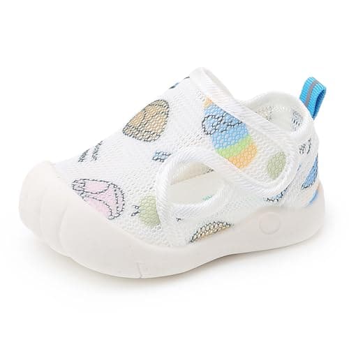 RVROVIC Boys Girls Summer Athletic Sandals Closed-Toe Breathable Mesh Slip-on Flats Lightweight Beach Water Shoes for Toddler(6.5 M US Toddler,1-White+Blue)