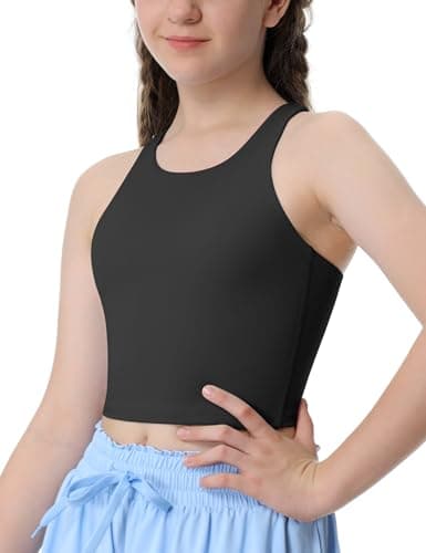 Girls Tank Tops Double Lined Crop Tops for Kids High Crew Neck Racerback Basic Sleeveless Dance Top for Girls Black